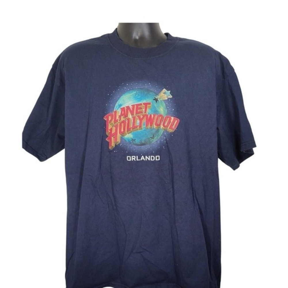 Planet Hollywood Orlando Graphic T Shirt‎ Navy Blue Short Sleeve Mens L logo